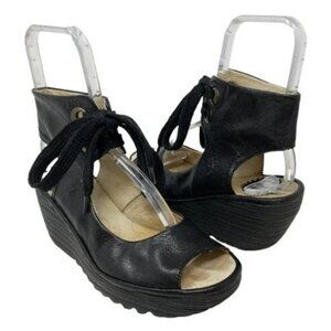 Fly London Yaba Black Leather Lace Up Open Toe Wedge Platforms - Size 6.5